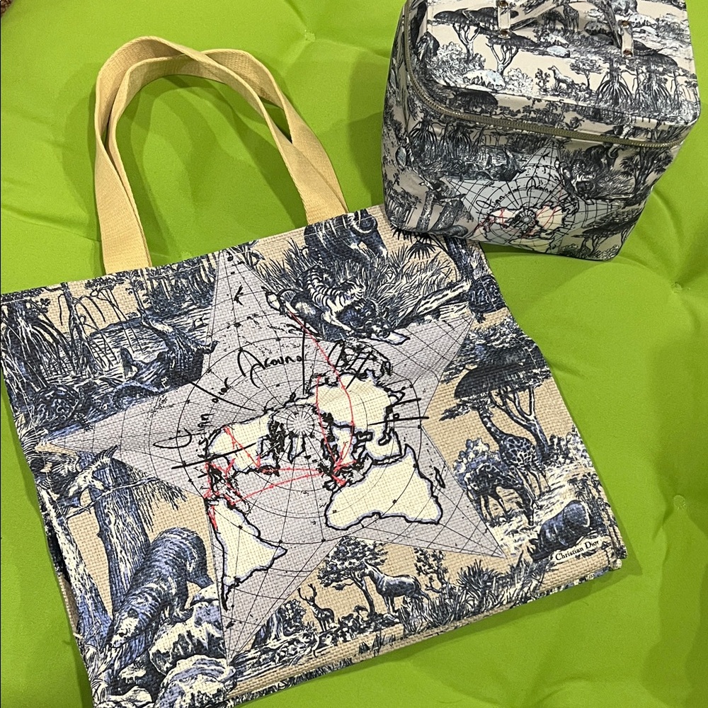 Dior Beige and Navy Animal Print Tote and Pouch